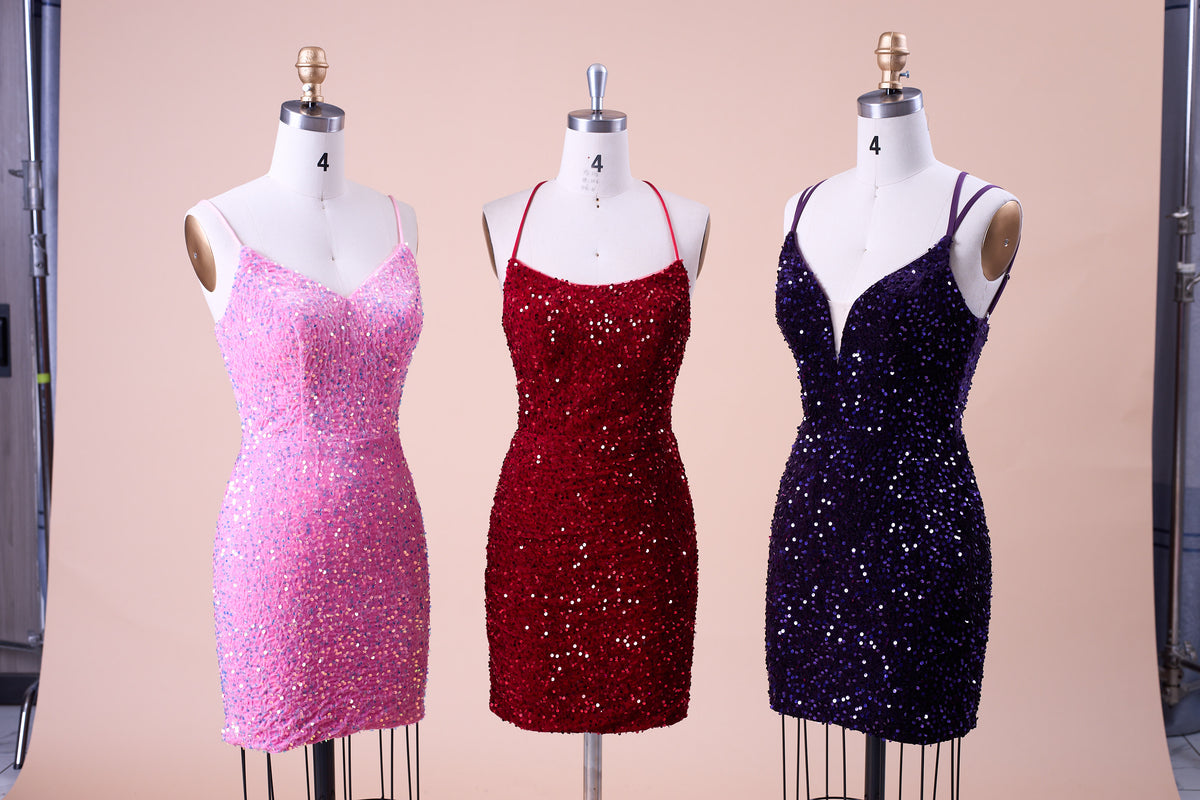 72‑Hour Dispatch Red Velvet Sequin Halter Spaghetti Strap Square Neck Short Homecoming Dress