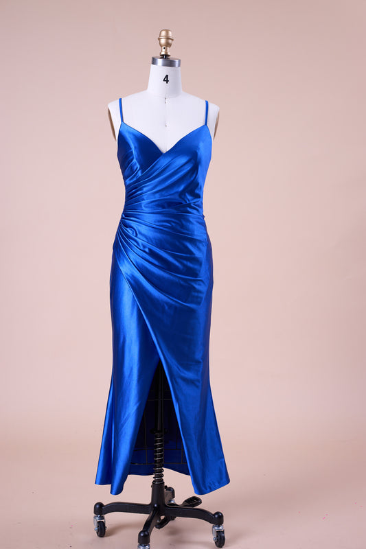 72‑Hour Dispatch Royal Blue Satin Spaghetti Strap V‑Neck Ruched Slit Midi Formal Dress
