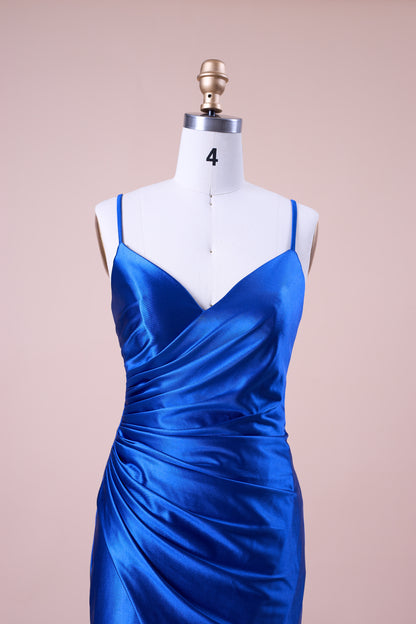 72‑Hour Dispatch Royal Blue Satin Spaghetti Strap V‑Neck Ruched Slit Midi Formal Dress