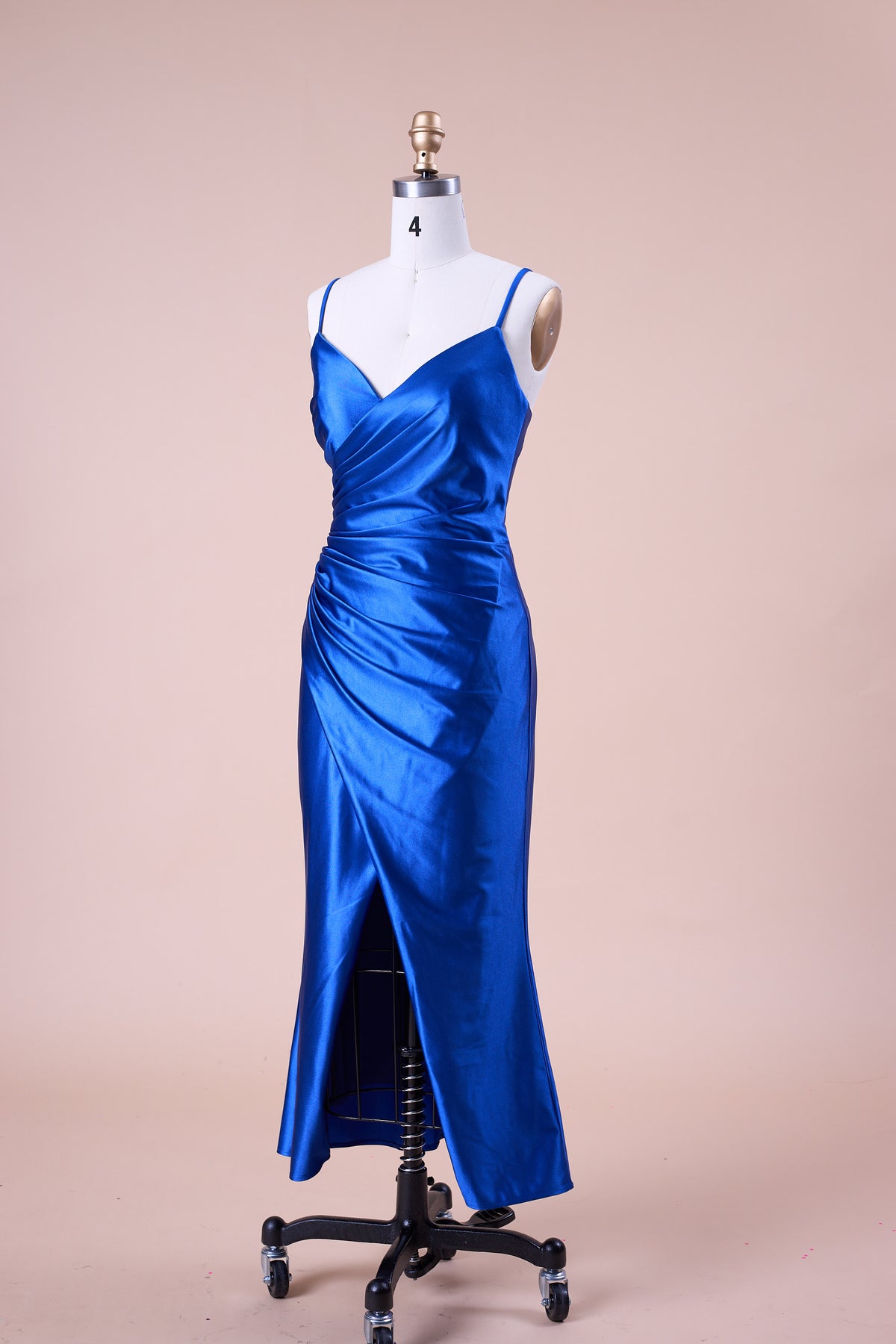 72‑Hour Dispatch Royal Blue Satin Spaghetti Strap V‑Neck Ruched Slit Midi Formal Dress