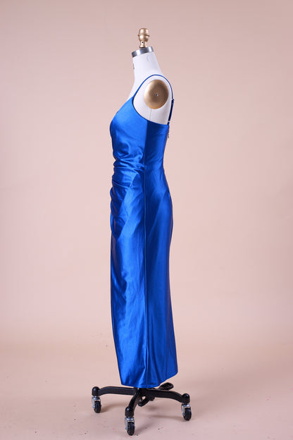 72‑Hour Dispatch Royal Blue Satin Spaghetti Strap V‑Neck Ruched Slit Midi Formal Dress