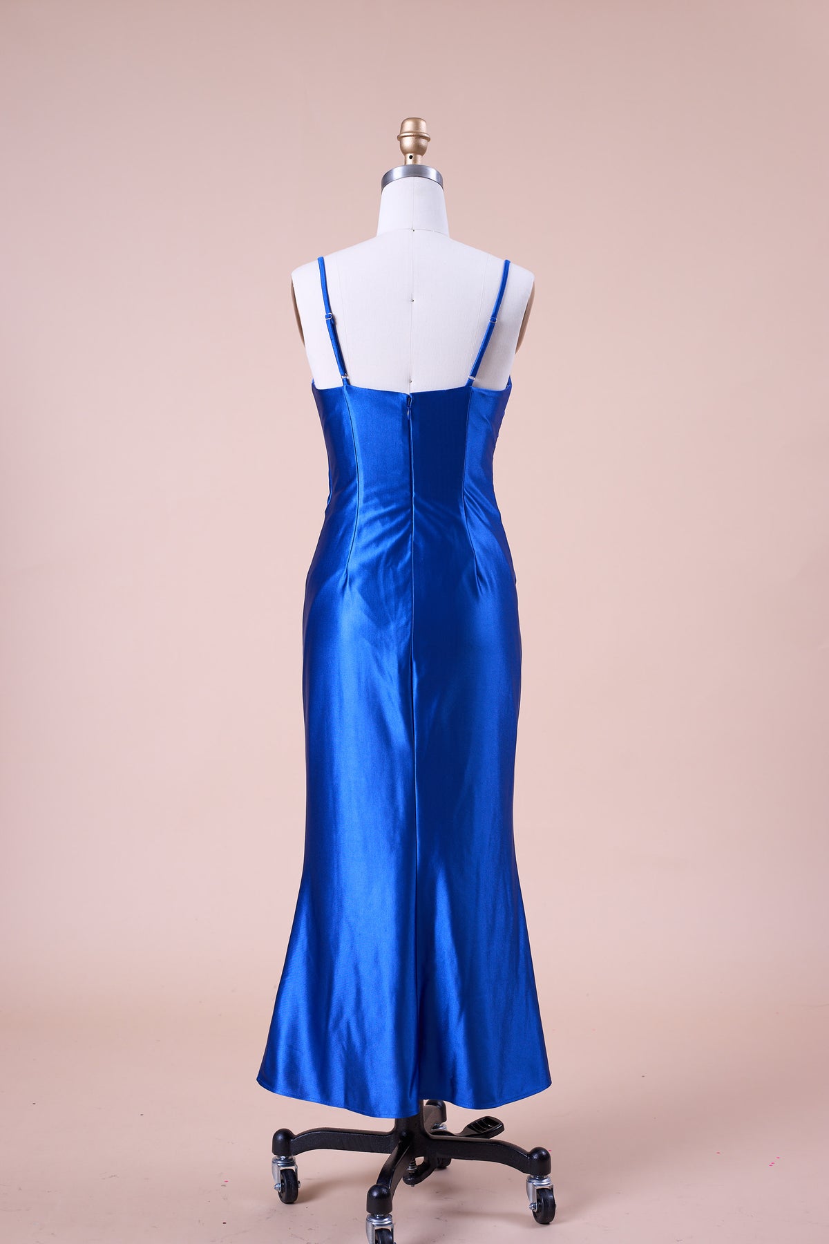 72‑Hour Dispatch Royal Blue Satin Spaghetti Strap V‑Neck Ruched Slit Midi Formal Dress