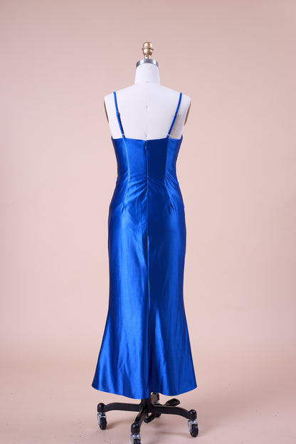 72‑Hour Dispatch Royal Blue Satin Spaghetti Strap V‑Neck Ruched Slit Midi Formal Dress