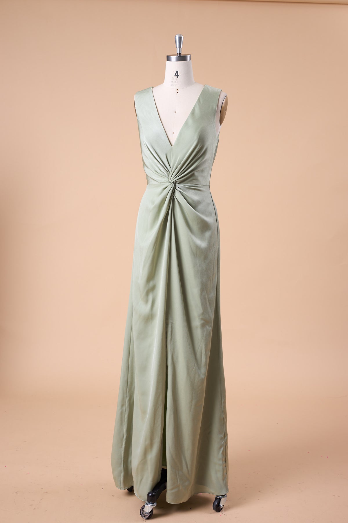 72‑Hour Dispatch Sage Green Satin Sleeveless Deep V Twist Knot Slit Long Bridesmaid Dress