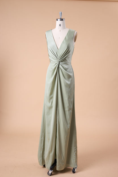 72‑Hour Dispatch Sage Green Satin Sleeveless Deep V Twist Knot Slit Long Bridesmaid Dress