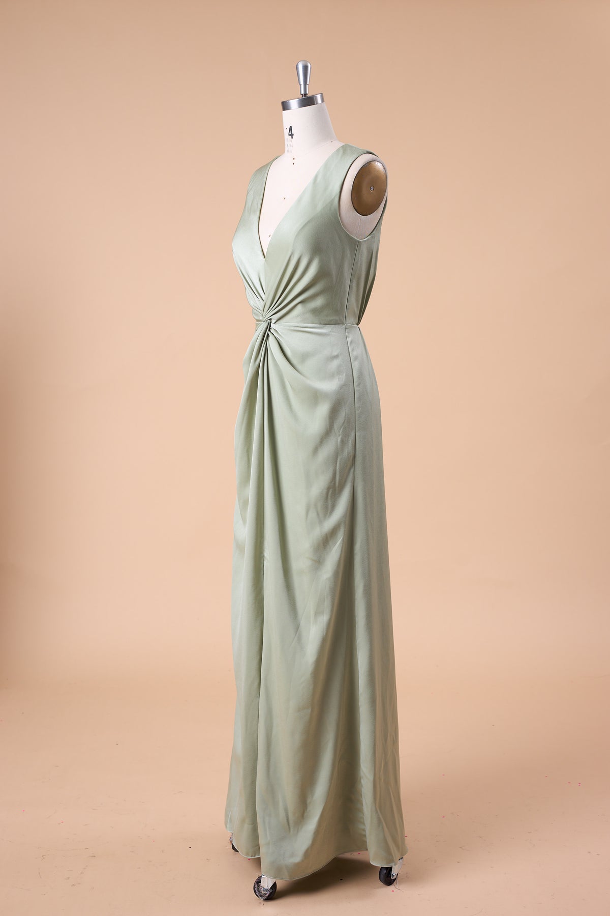 72‑Hour Dispatch Sage Green Satin Sleeveless Deep V Twist Knot Slit Long Bridesmaid Dress