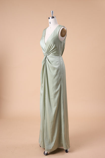 72‑Hour Dispatch Sage Green Satin Sleeveless Deep V Twist Knot Slit Long Bridesmaid Dress