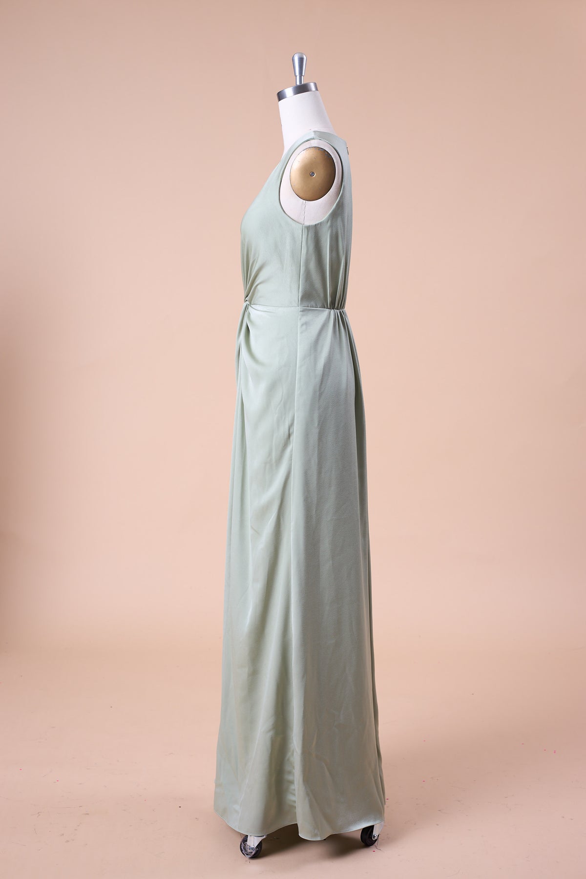 72‑Hour Dispatch Sage Green Satin Sleeveless Deep V Twist Knot Slit Long Bridesmaid Dress