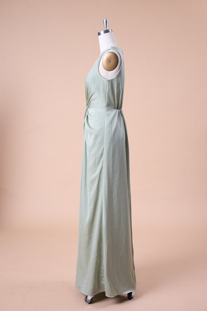 72‑Hour Dispatch Sage Green Satin Sleeveless Deep V Twist Knot Slit Long Bridesmaid Dress
