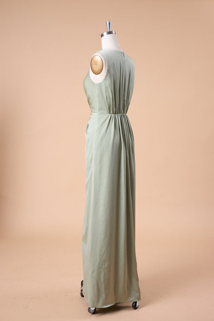 72‑Hour Dispatch Sage Green Satin Sleeveless Deep V Twist Knot Slit Long Bridesmaid Dress