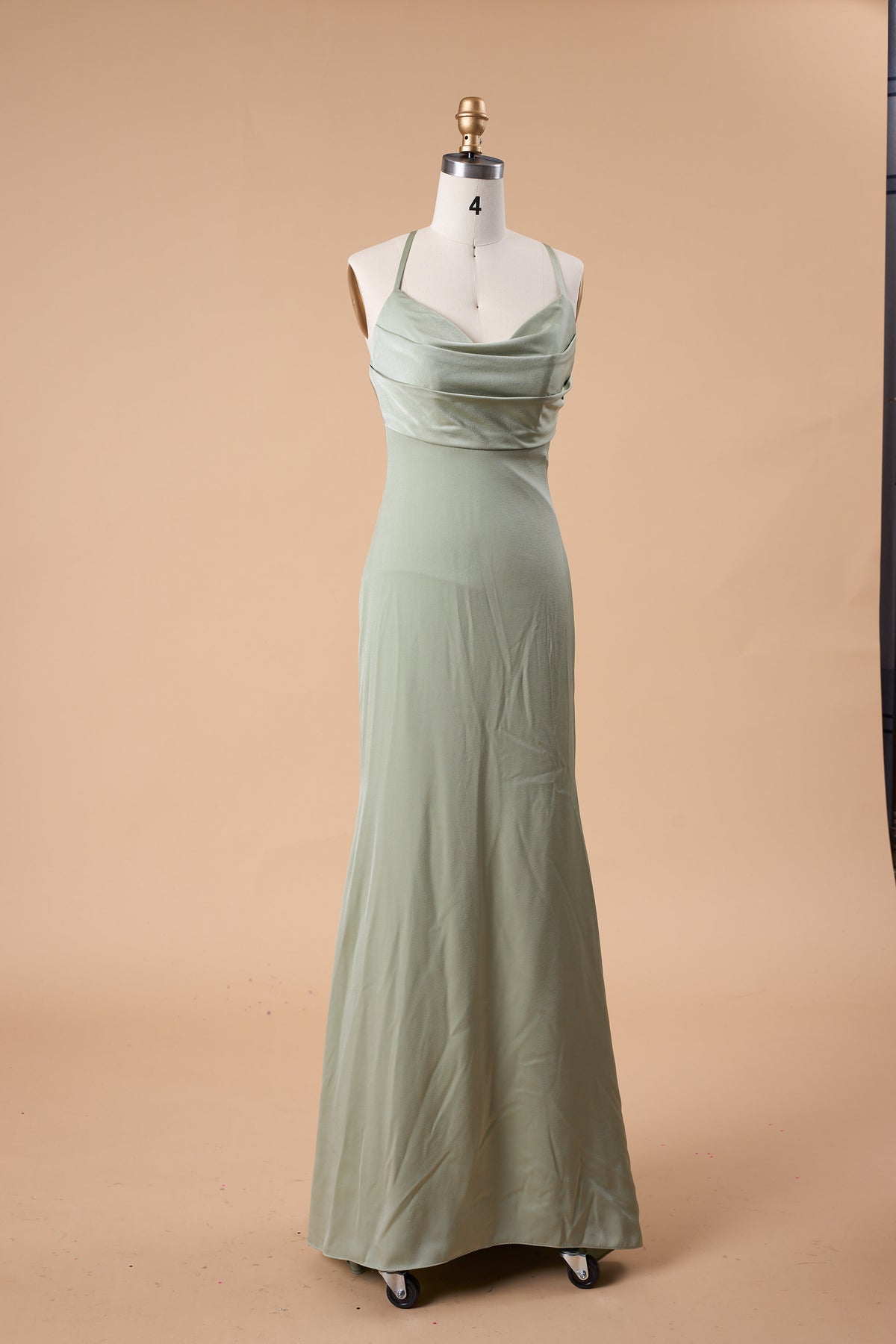 72‑Hour Dispatch Sage Green Satin Spaghetti Strap Cowl Neck Mermaid Long Bridesmaid Dress