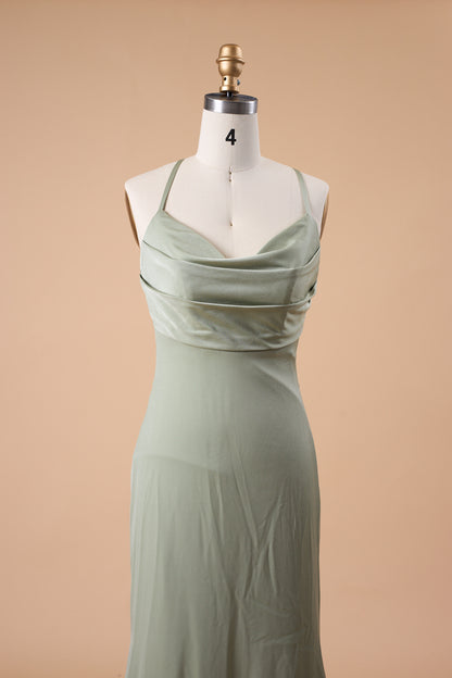 72‑Hour Dispatch Sage Green Satin Spaghetti Strap Cowl Neck Mermaid Long Bridesmaid Dress