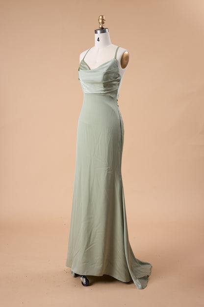 72‑Hour Dispatch Sage Green Satin Spaghetti Strap Cowl Neck Mermaid Long Bridesmaid Dress