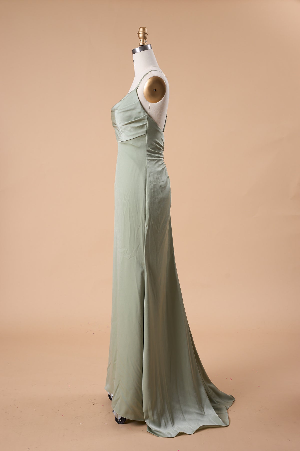 72‑Hour Dispatch Sage Green Satin Spaghetti Strap Cowl Neck Mermaid Long Bridesmaid Dress