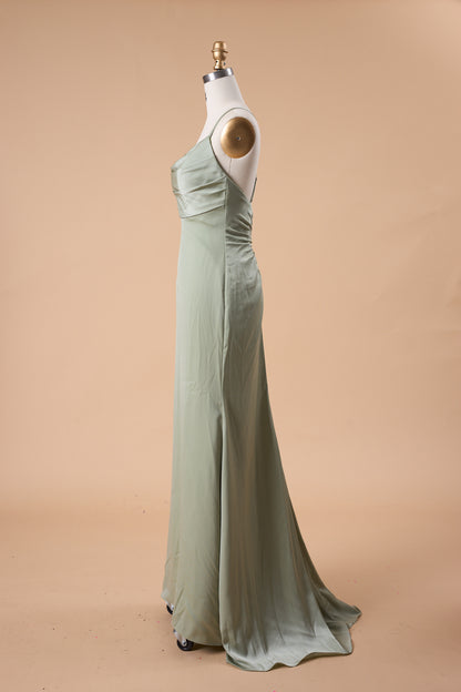 72‑Hour Dispatch Sage Green Satin Spaghetti Strap Cowl Neck Mermaid Long Bridesmaid Dress