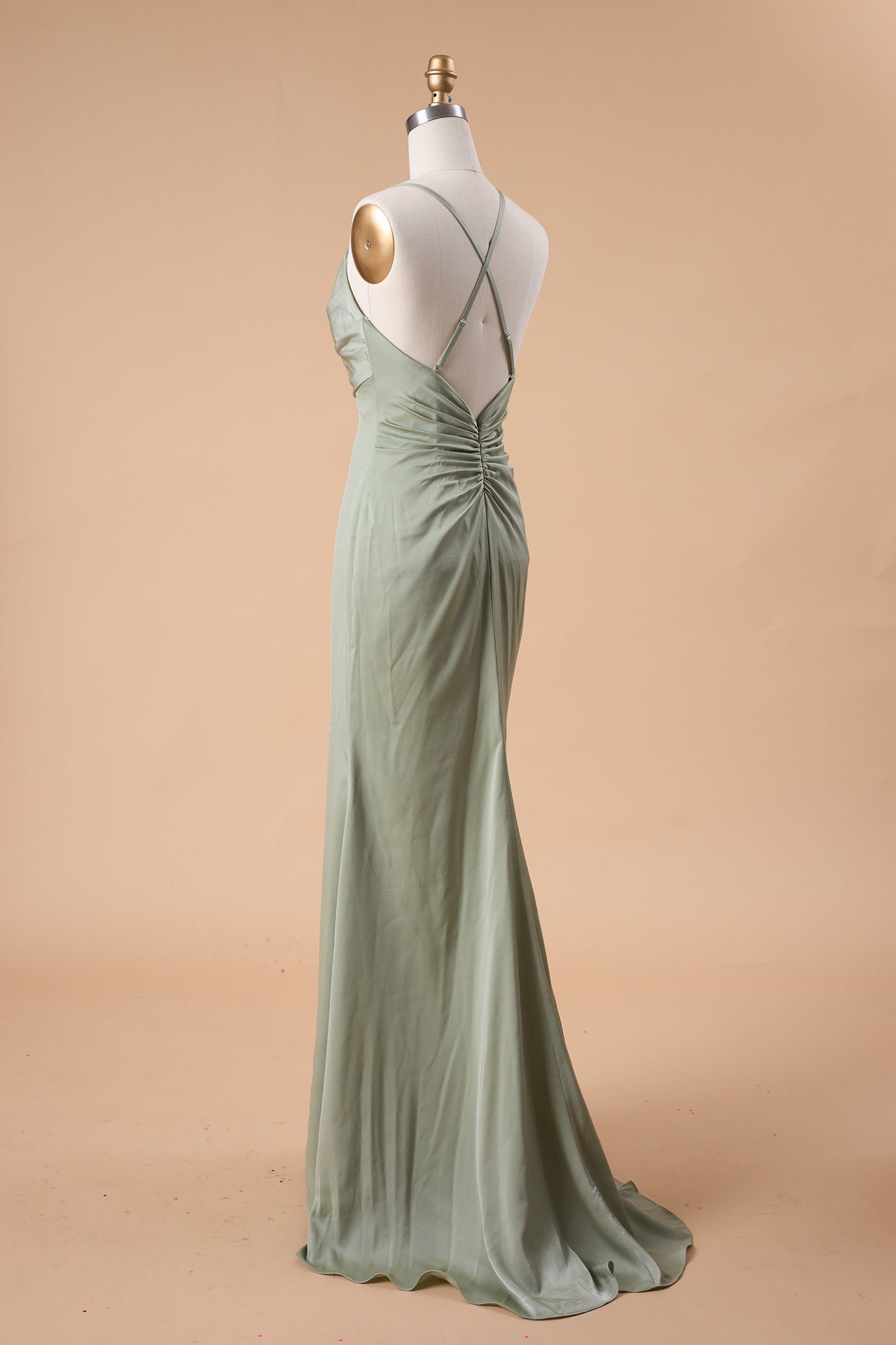 72‑Hour Dispatch Sage Green Satin Spaghetti Strap Cowl Neck Mermaid Long Bridesmaid Dress