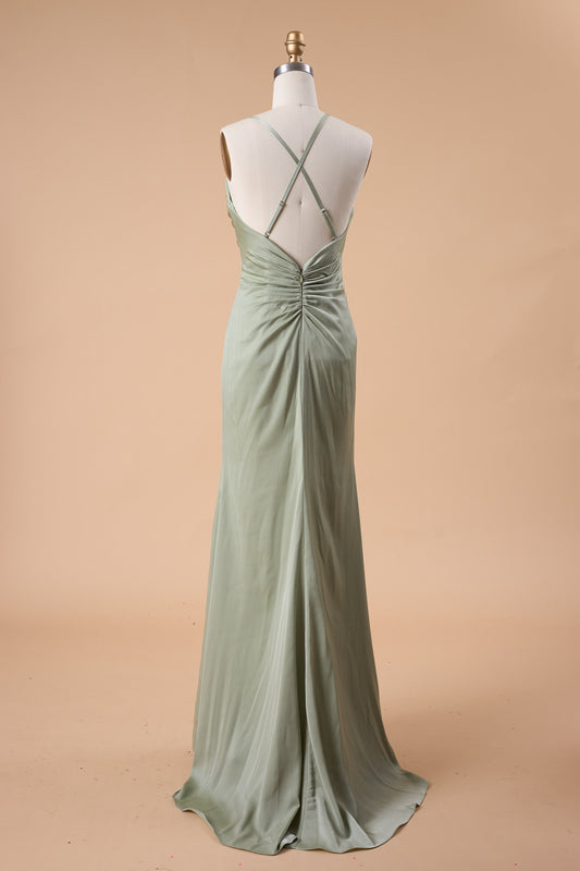 72‑Hour Dispatch Sage Green Satin Spaghetti Strap Cowl Neck Mermaid Long Bridesmaid Dress