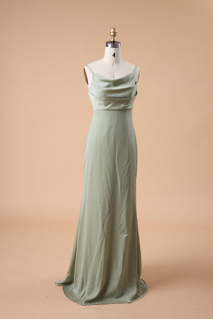 7‑Day Dispatch Sage Green Cowl Neck Satin Mermaid Bridesmaid Dress Spaghetti Strap Formal Evening Gown