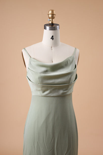 7‑Day Dispatch Sage Green Cowl Neck Satin Mermaid Bridesmaid Dress Spaghetti Strap Formal Evening Gown