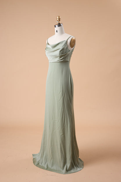 7‑Day Dispatch Sage Green Cowl Neck Satin Mermaid Bridesmaid Dress Spaghetti Strap Formal Evening Gown