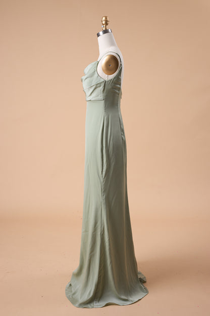 7‑Day Dispatch Sage Green Cowl Neck Satin Mermaid Bridesmaid Dress Spaghetti Strap Formal Evening Gown