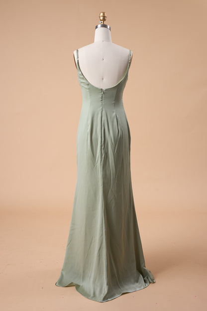 7‑Day Dispatch Sage Green Cowl Neck Satin Mermaid Bridesmaid Dress Spaghetti Strap Formal Evening Gown