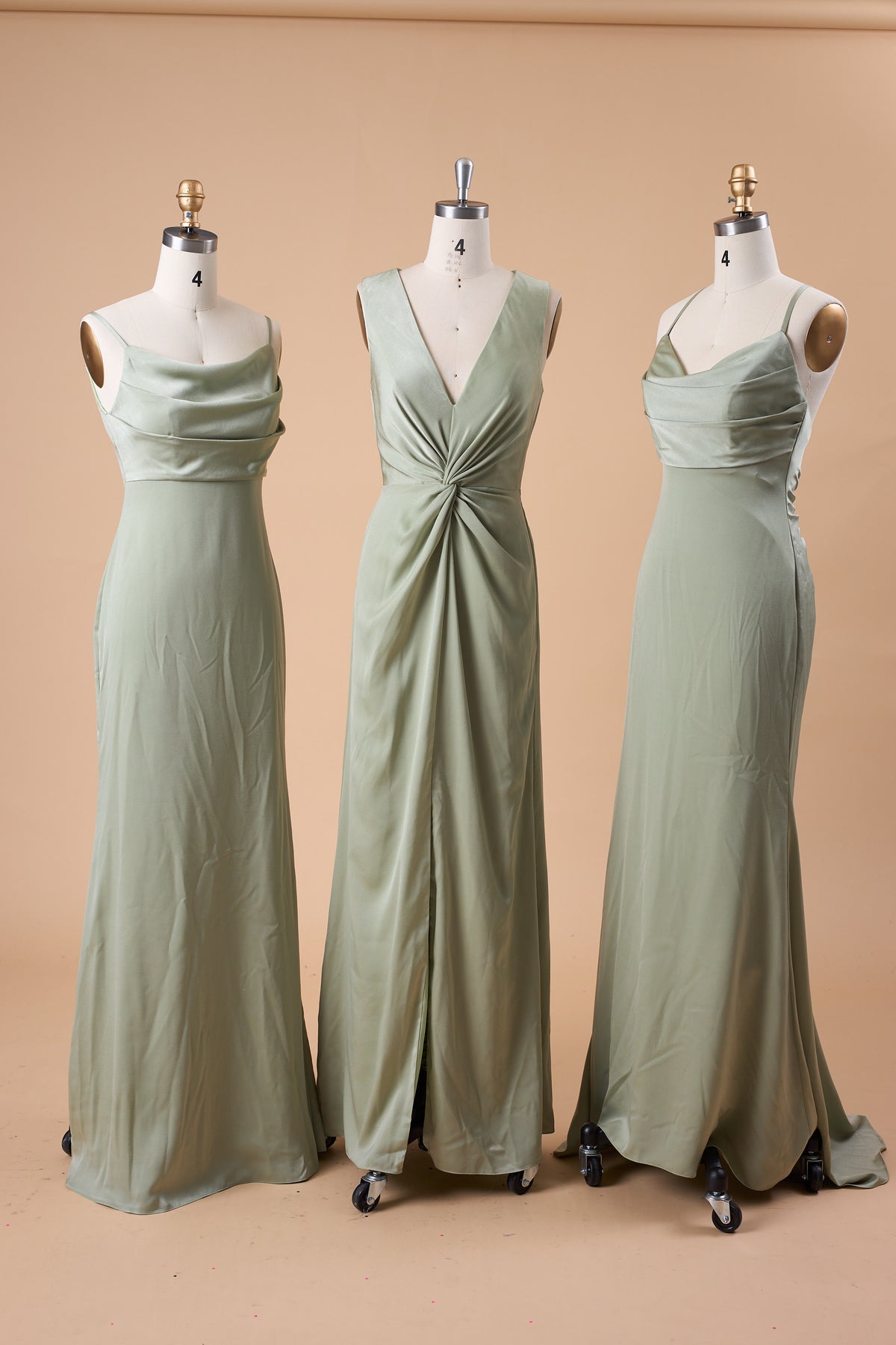 72‑Hour Dispatch Sage Green Satin Spaghetti Strap Cowl Neck Mermaid Long Bridesmaid Dress