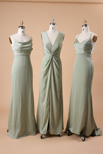 72‑Hour Dispatch Sage Green Satin Spaghetti Strap Cowl Neck Mermaid Long Bridesmaid Dress