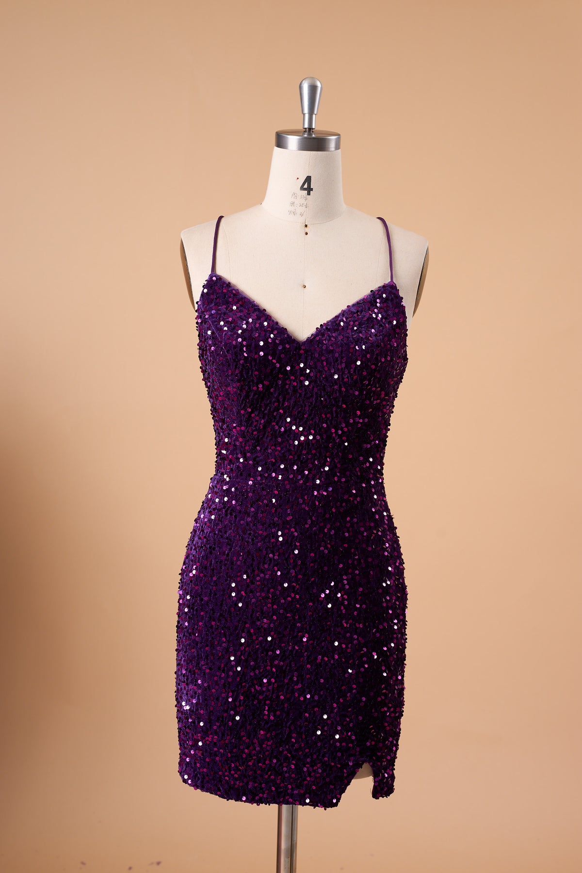 72-Hour Dispatch Dark Purple Sequin Velvet Bodycon Mini Dress Spaghetti Strap Sweetheart Neck Party Cocktail Dress