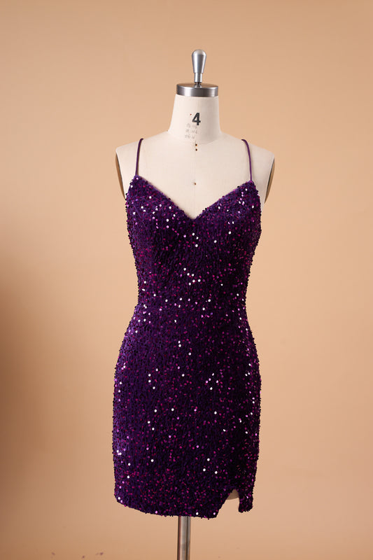 72-Hour Dispatch Dark Purple Sequin Velvet Bodycon Mini Dress Spaghetti Strap Sweetheart Neck Party Cocktail Dress