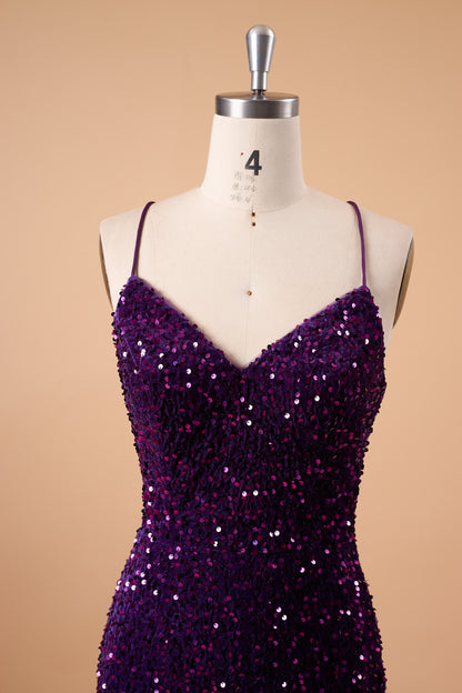 72-Hour Dispatch Dark Purple Sequin Velvet Bodycon Mini Dress Spaghetti Strap Sweetheart Neck Party Cocktail Dress