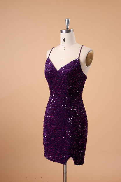 72-Hour Dispatch Dark Purple Sequin Velvet Bodycon Mini Dress Spaghetti Strap Sweetheart Neck Party Cocktail Dress