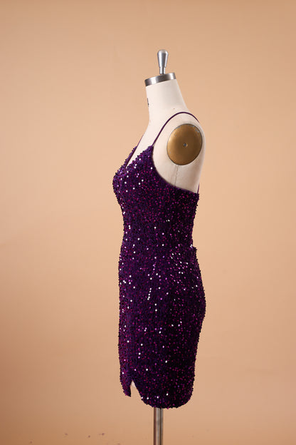 72-Hour Dispatch Dark Purple Sequin Velvet Bodycon Mini Dress Spaghetti Strap Sweetheart Neck Party Cocktail Dress