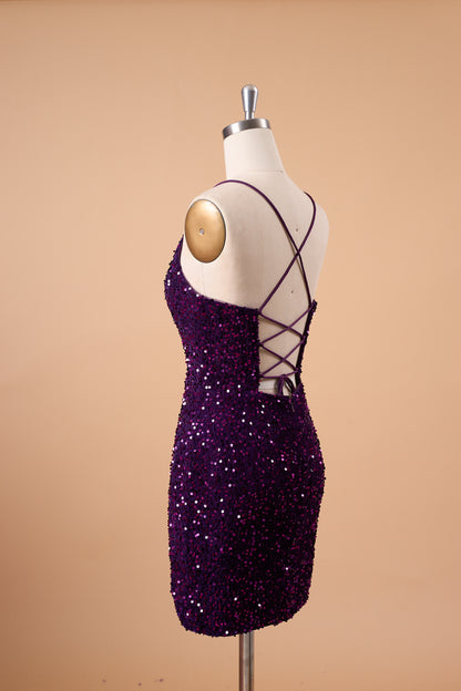 72-Hour Dispatch Dark Purple Sequin Velvet Bodycon Mini Dress Spaghetti Strap Sweetheart Neck Party Cocktail Dress