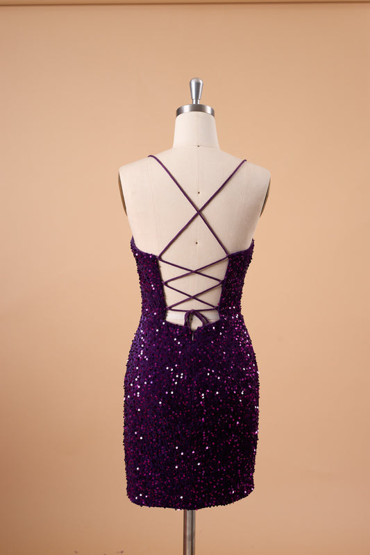 72-Hour Dispatch Dark Purple Sequin Velvet Bodycon Mini Dress Spaghetti Strap Sweetheart Neck Party Cocktail Dress