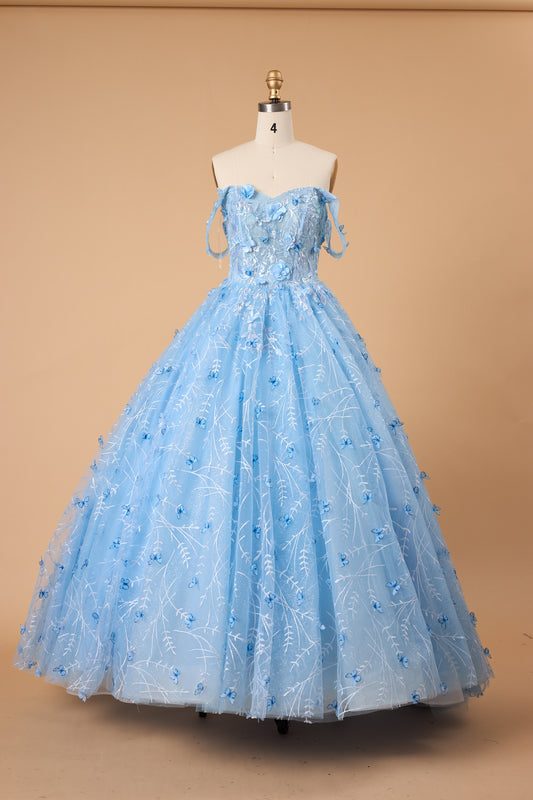 7‑Day Dispatch Light Blue 3D Butterfly Tulle Ball Gown Off‑The‑Shoulder Sweetheart Quinceañera Prom Dress