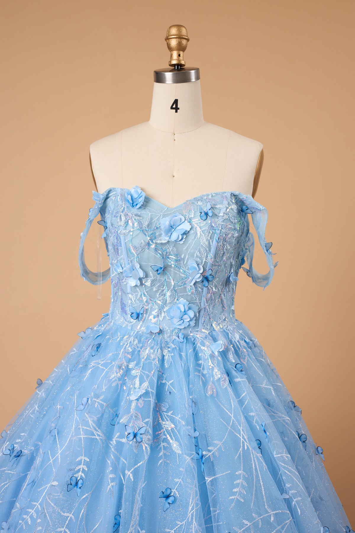7‑Day Dispatch Light Blue 3D Butterfly Tulle Ball Gown Off‑The‑Shoulder Sweetheart Quinceañera Prom Dress