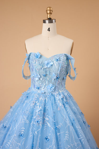 7‑Day Dispatch Light Blue 3D Butterfly Tulle Ball Gown Off‑The‑Shoulder Sweetheart Quinceañera Prom Dress