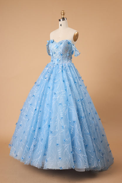 7‑Day Dispatch Light Blue 3D Butterfly Tulle Ball Gown Off‑The‑Shoulder Sweetheart Quinceañera Prom Dress