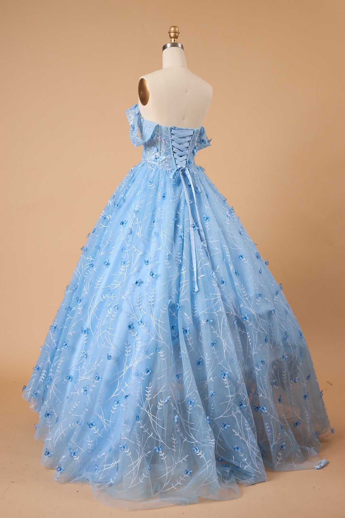 7‑Day Dispatch Light Blue 3D Butterfly Tulle Ball Gown Off‑The‑Shoulder Sweetheart Quinceañera Prom Dress