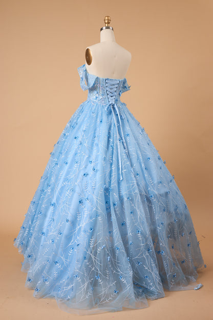 7‑Day Dispatch Light Blue 3D Butterfly Tulle Ball Gown Off‑The‑Shoulder Sweetheart Quinceañera Prom Dress
