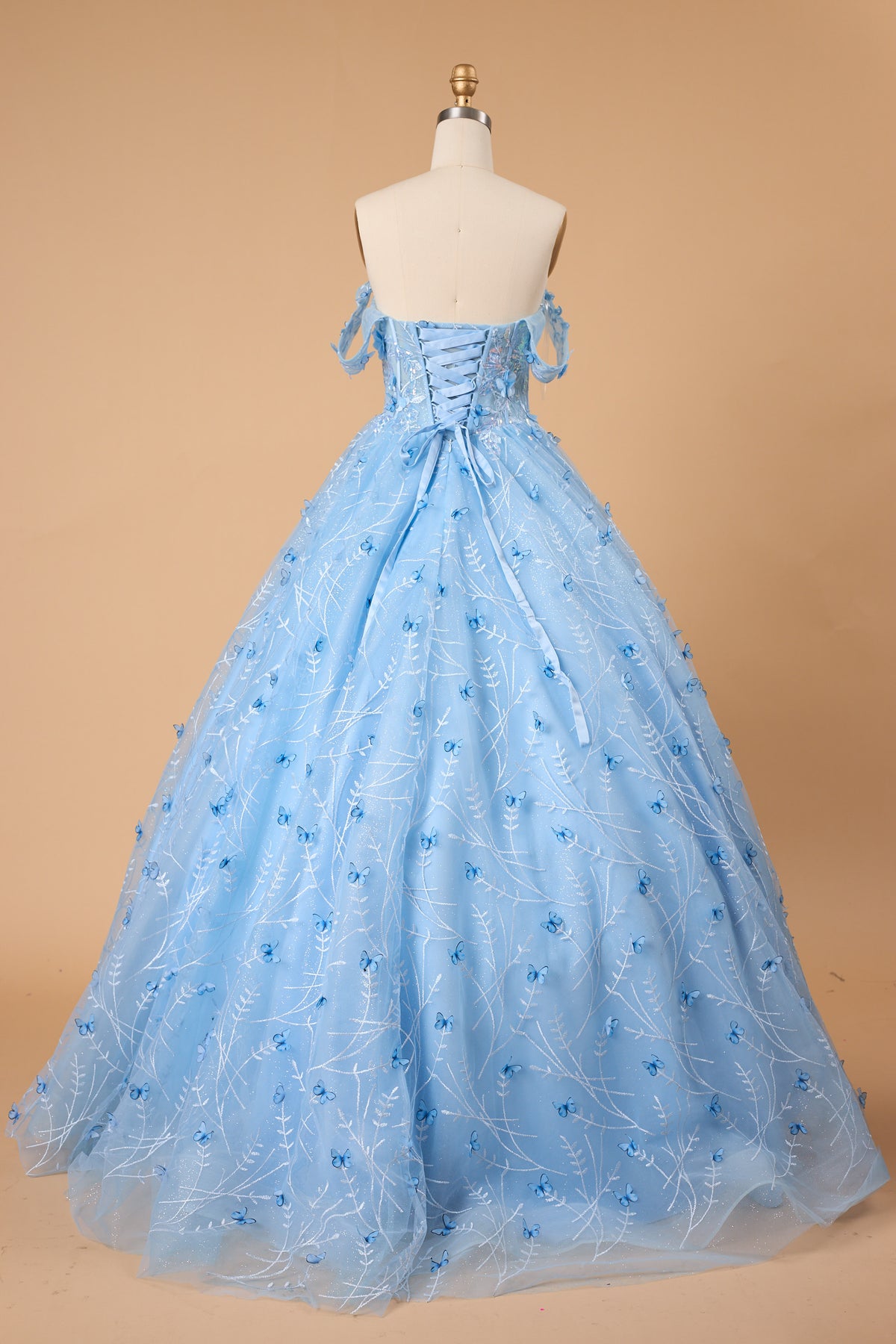 7‑Day Dispatch Light Blue 3D Butterfly Tulle Ball Gown Off‑The‑Shoulder Sweetheart Quinceañera Prom Dress