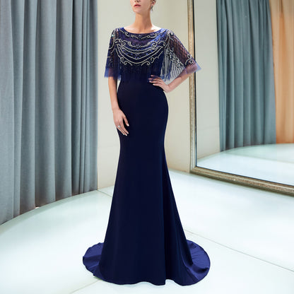 7-Day Dispatch Boat Neck Sequin Fringe Capelet Mermaid Evening Gown Two Color Options Navy Blue & Red Formal Dress