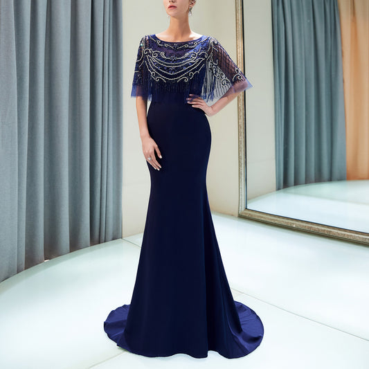 7-Day Dispatch Boat Neck Sequin Fringe Capelet Mermaid Evening Gown Two Color Options Navy Blue & Red Formal Dress