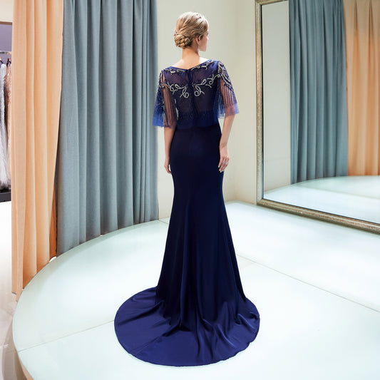 7-Day Dispatch Boat Neck Sequin Fringe Capelet Mermaid Evening Gown Two Color Options Navy Blue & Red Formal Dress