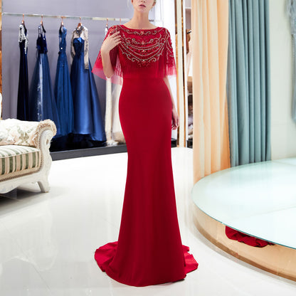 7-Day Dispatch Boat Neck Sequin Fringe Capelet Mermaid Evening Gown Two Color Options Navy Blue & Red Formal Dress