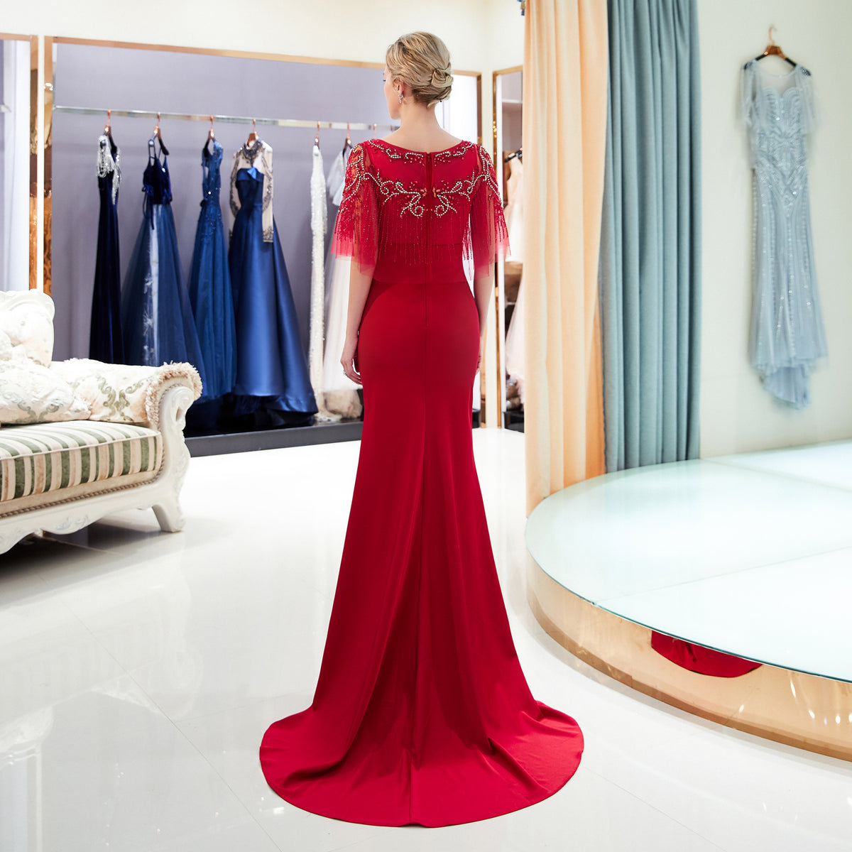 7-Day Dispatch Boat Neck Sequin Fringe Capelet Mermaid Evening Gown Two Color Options Navy Blue & Red Formal Dress