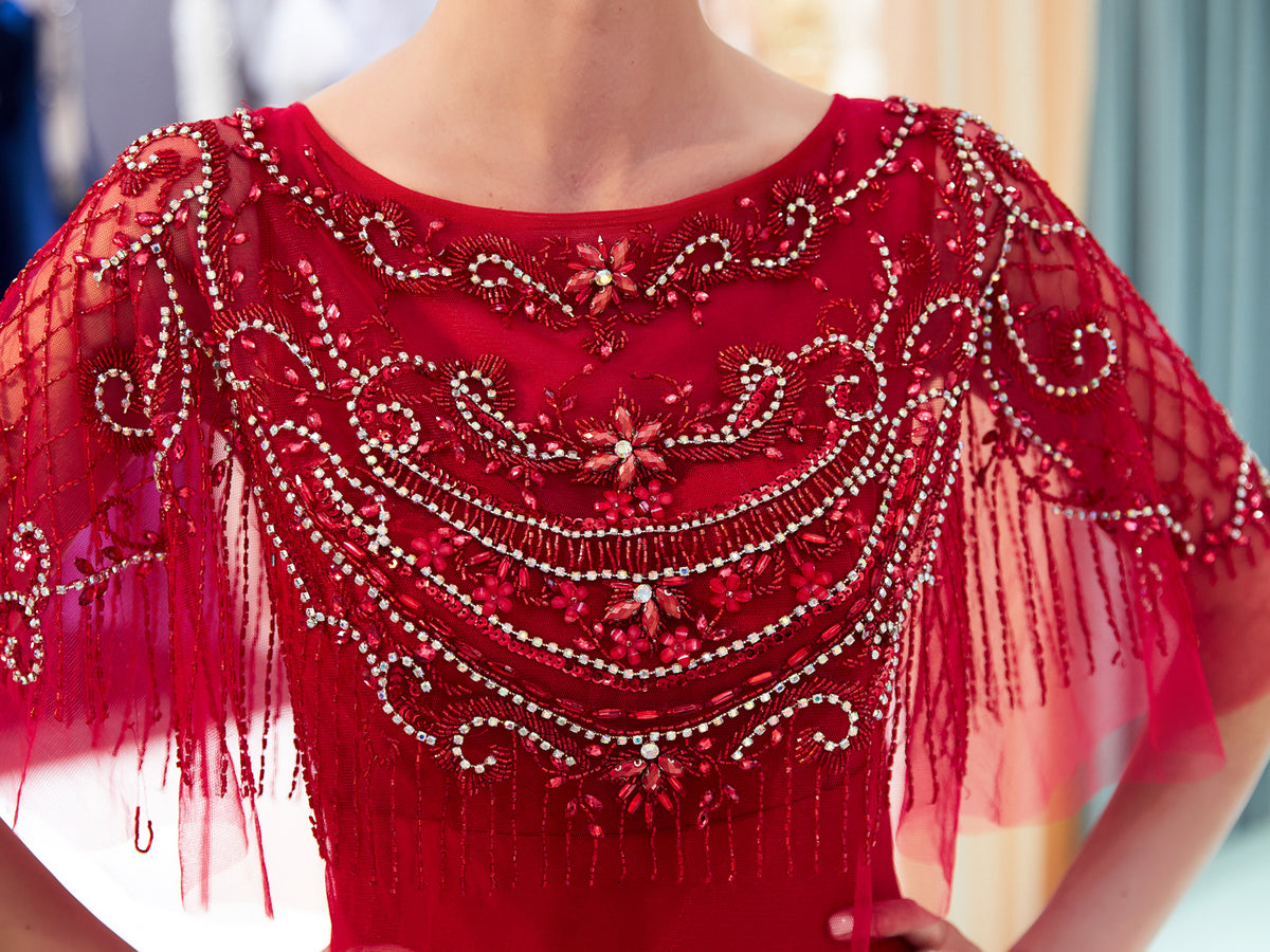 7-Day Dispatch Boat Neck Sequin Fringe Capelet Mermaid Evening Gown Two Color Options Navy Blue & Red Formal Dress