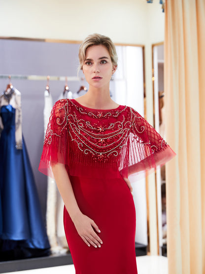 7-Day Dispatch Boat Neck Sequin Fringe Capelet Mermaid Evening Gown Two Color Options Navy Blue & Red Formal Dress