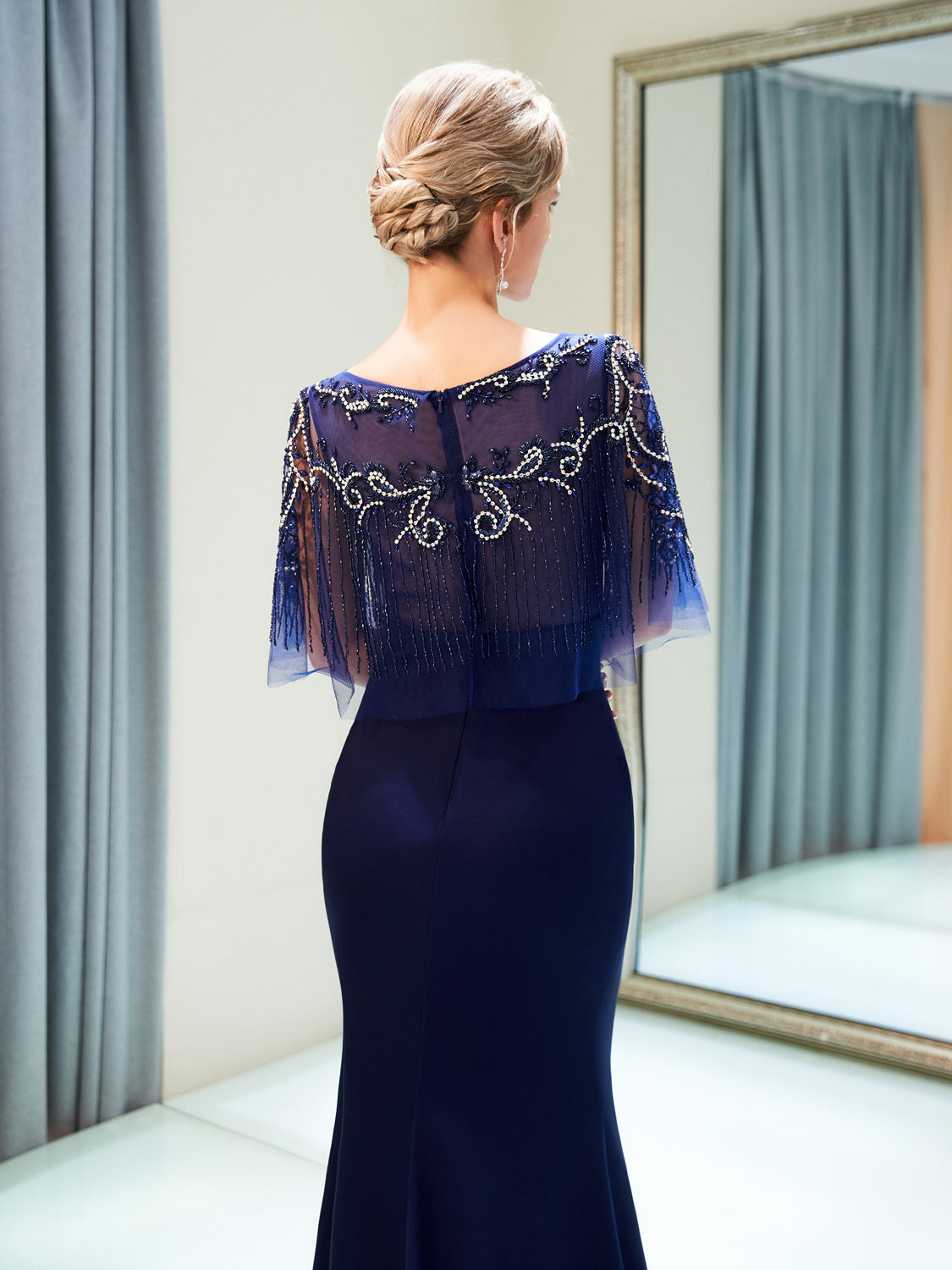7-Day Dispatch Boat Neck Sequin Fringe Capelet Mermaid Evening Gown Two Color Options Navy Blue & Red Formal Dress